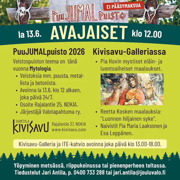 PuuJUMALpuisto 2026 – avajaiset Taidetila Kivisavussa la 13.6.2026 klo 12.00.